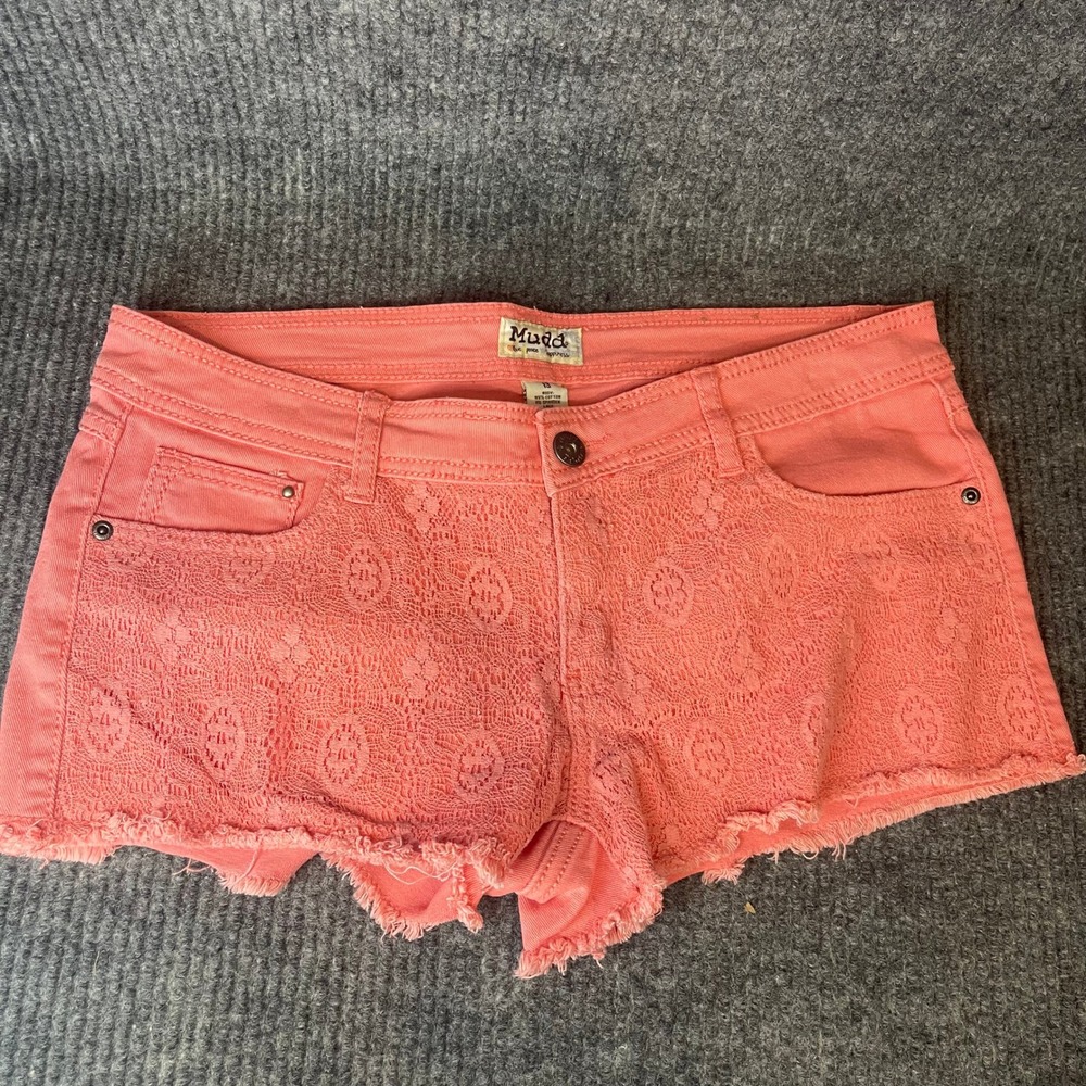 Y2K Mudd Lace Overlay Denim Shorts Womens 13 Pink Frayed Boho Cut Offs Festival